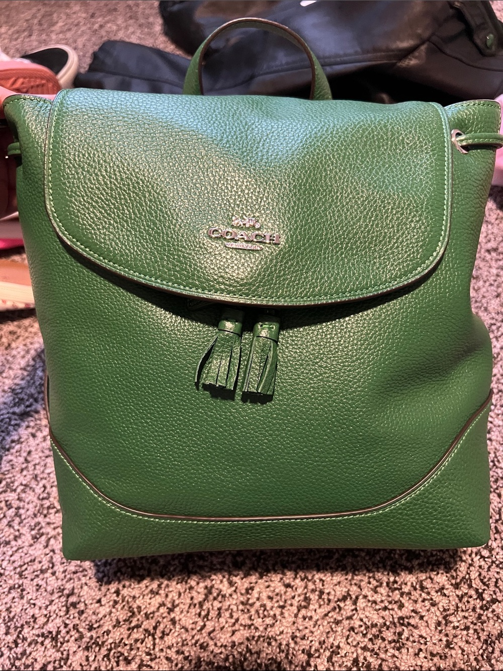 Coach Green Pebbled Leather Tassel Backpack